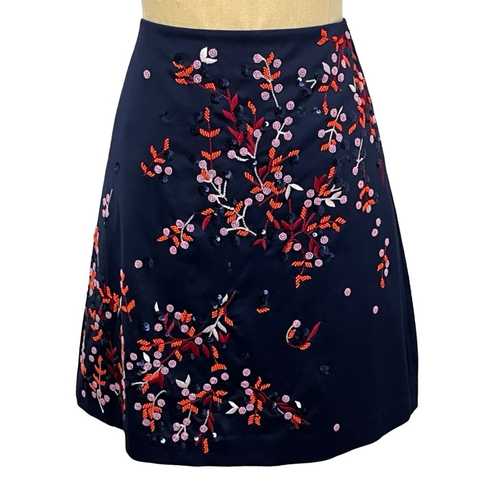 Draper James NWT Navy Satin Skirt - Embroided & Beaded Details Size 6 MSRP $275